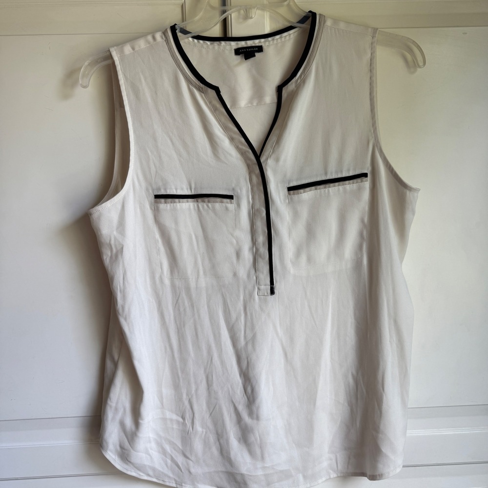Ann Taylor Sleeveless Blouse Top White with Black Trim Career Casual Women Large